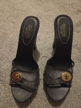 Coach Black Slide Sandals with Gold Turnlock Detail